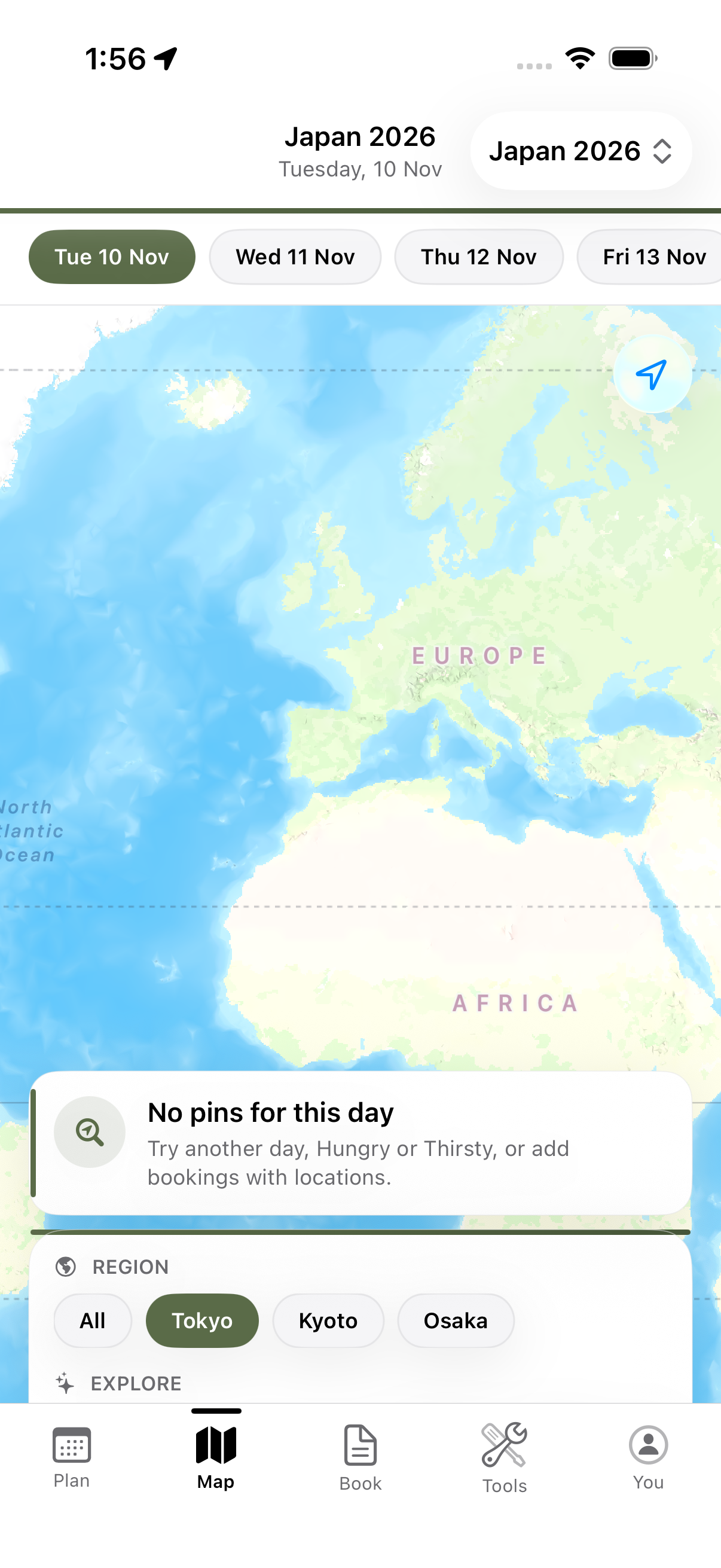 Interactive trip map with destinations