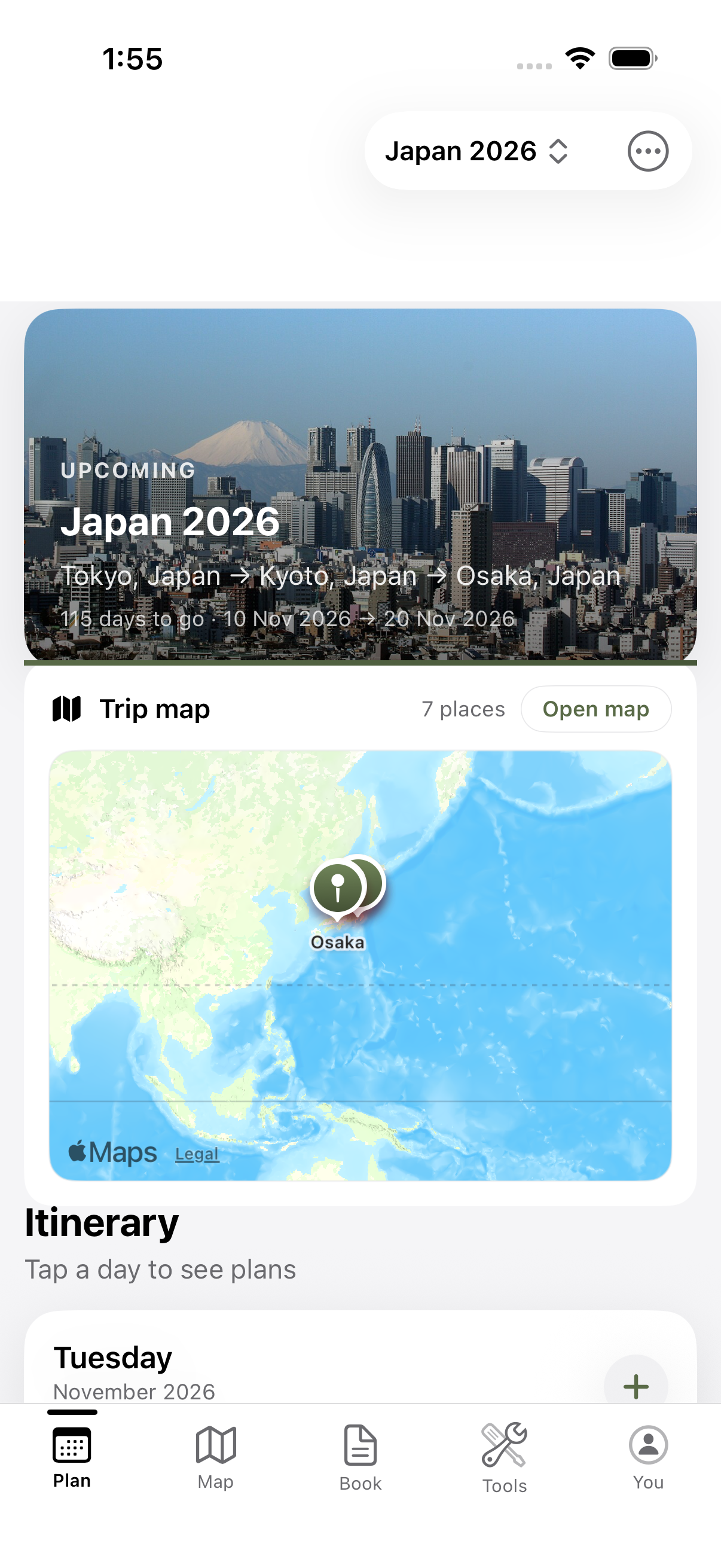 Shared trip timeline with flights and hotels